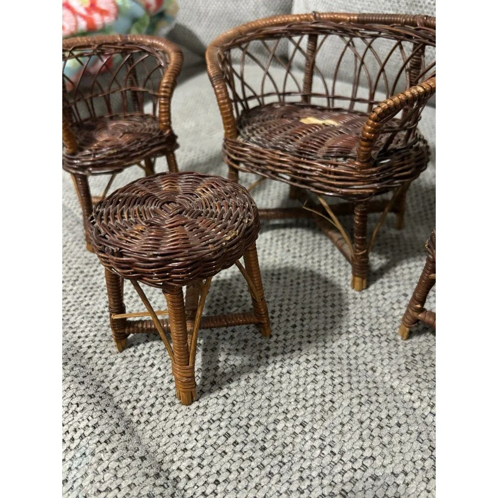 Vintage Miniature Wicker Doll Furniture Set Chairs Loveseat Table Rattan Lot